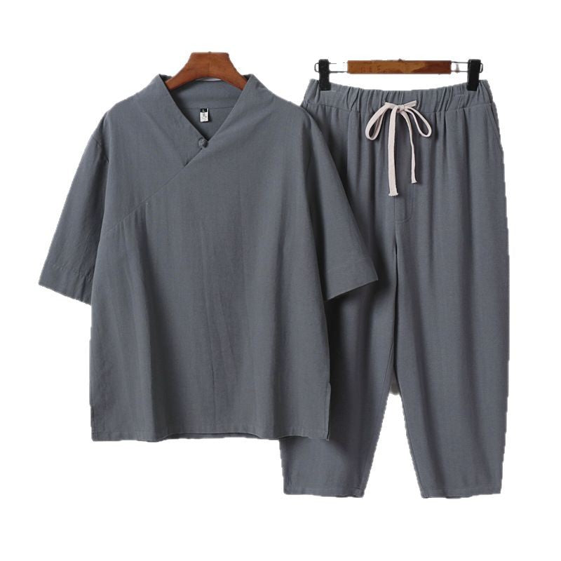 Herren Atmungsaktives Leinen-Baumwoll Lounge-Set mit asymmetrischem V-Kragen und elastischer Kordelhose Shop Nory
