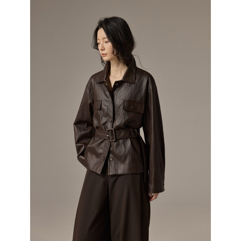 Damen Hemdjacke aus Lederoptik mit tailliertem Gürtel Shop Nory