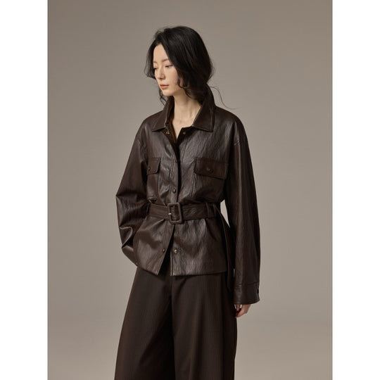 Damen Hemdjacke aus Lederoptik mit tailliertem Gürtel Shop Nory