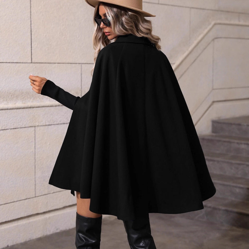 Damen Doppelreihiger Wollcape-Mantel mit Armöffnungen und Stehkragen Shop Nory