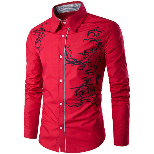 Herren figurbetontes Hemd mit Tribal-Print, verdeckter Knopfleiste und Kontrastkragen Shop Nory