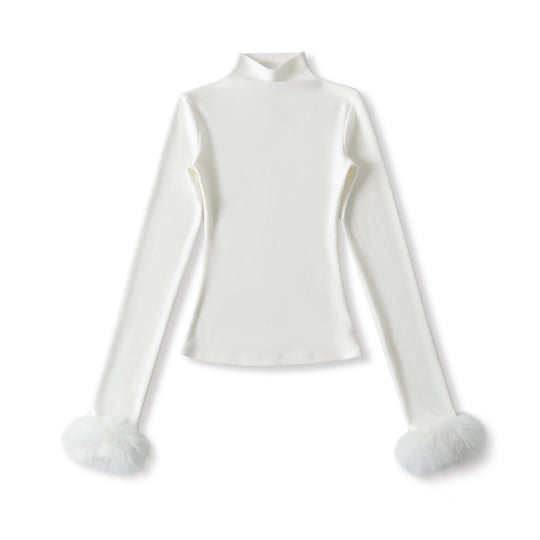 Damen Eng anliegendes Rollkragen-Top mit Kunstfellmanschetten Shop Nory