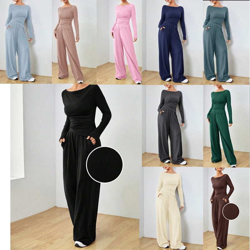Damen Lässiges Two‑Piece Lounge‑Set mit U‑Boot‑Ausschnitt, taillierter Drapierung und weitem Palazzohose Shop Nory