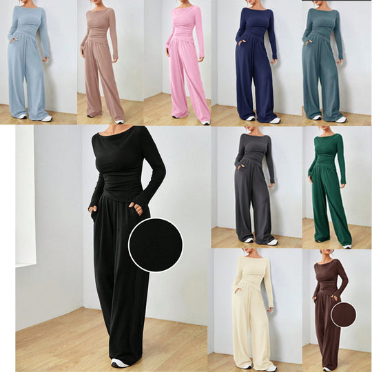 Damen Lässiges Two‑Piece Lounge‑Set mit U‑Boot‑Ausschnitt, taillierter Drapierung und weitem Palazzohose Shop Nory