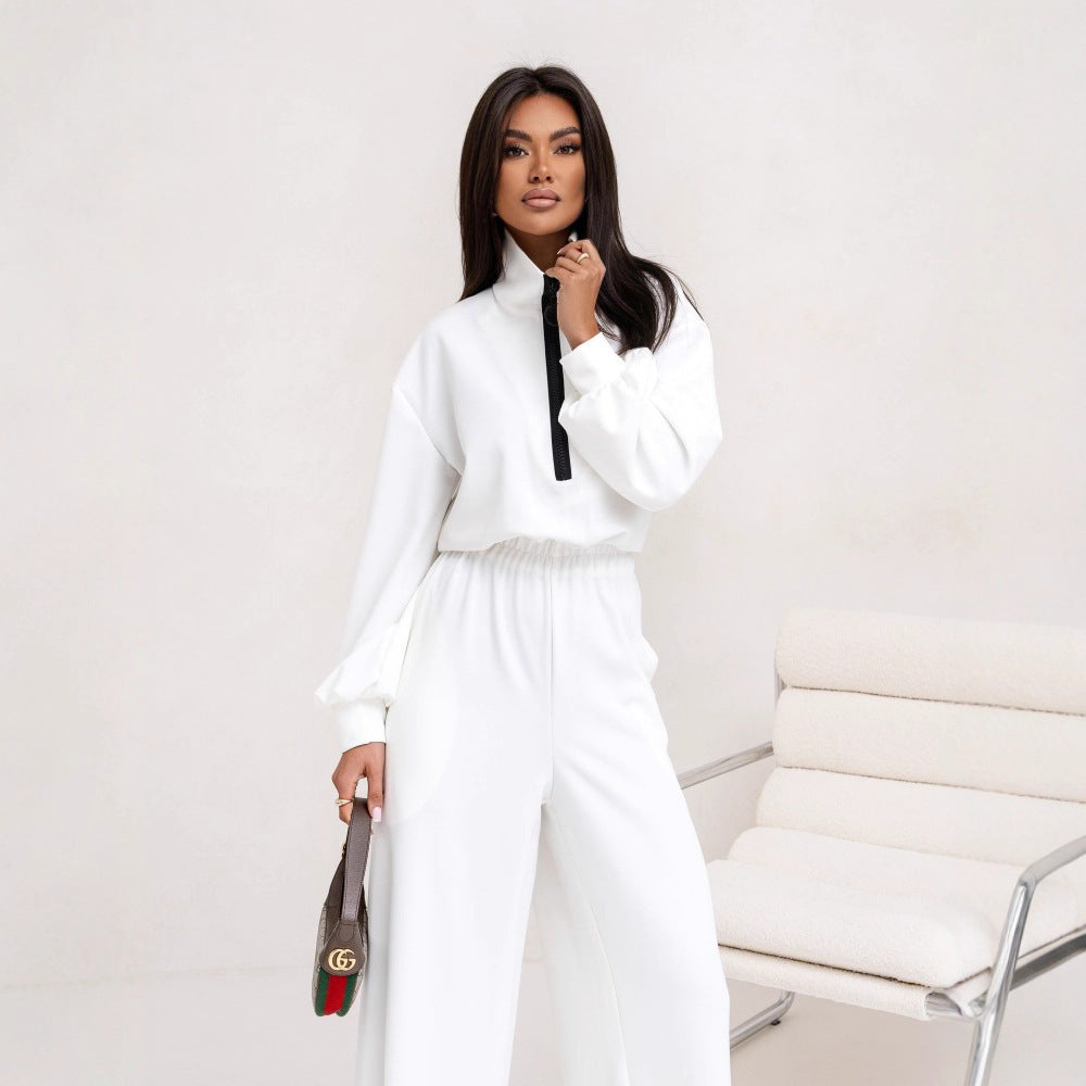 Damen relaxed-fit Zip-Pullover mit elastischem Taillenbund und extraweiter Palazzo-Hose Zweiteiler Shop Nory