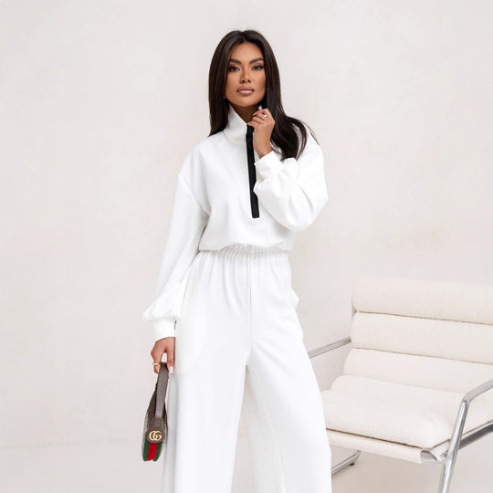 Damen relaxed-fit Zip-Pullover mit elastischem Taillenbund und extraweiter Palazzo-Hose Zweiteiler Shop Nory