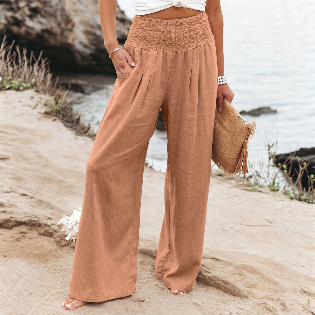 Damen Weite Leinenhose mit Smokbund und Eingrifftaschen Shop Nory