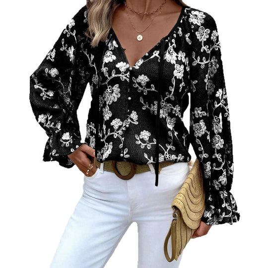 Damen V‑Neck Bluse mit floraler Stickerei, Perlenknopfleiste und Ballonärmeln Shop Nory
