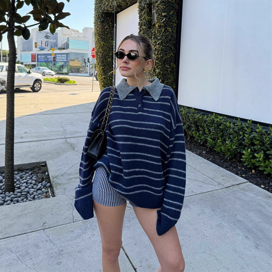 Damen Oversize Strickpullover mit Polokragen & Streifenmuster Shop Nory