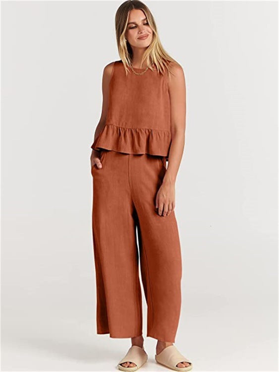 Damen luftiges Zweiteiler-Set mit schickem Peplum-Top und weitem Hose