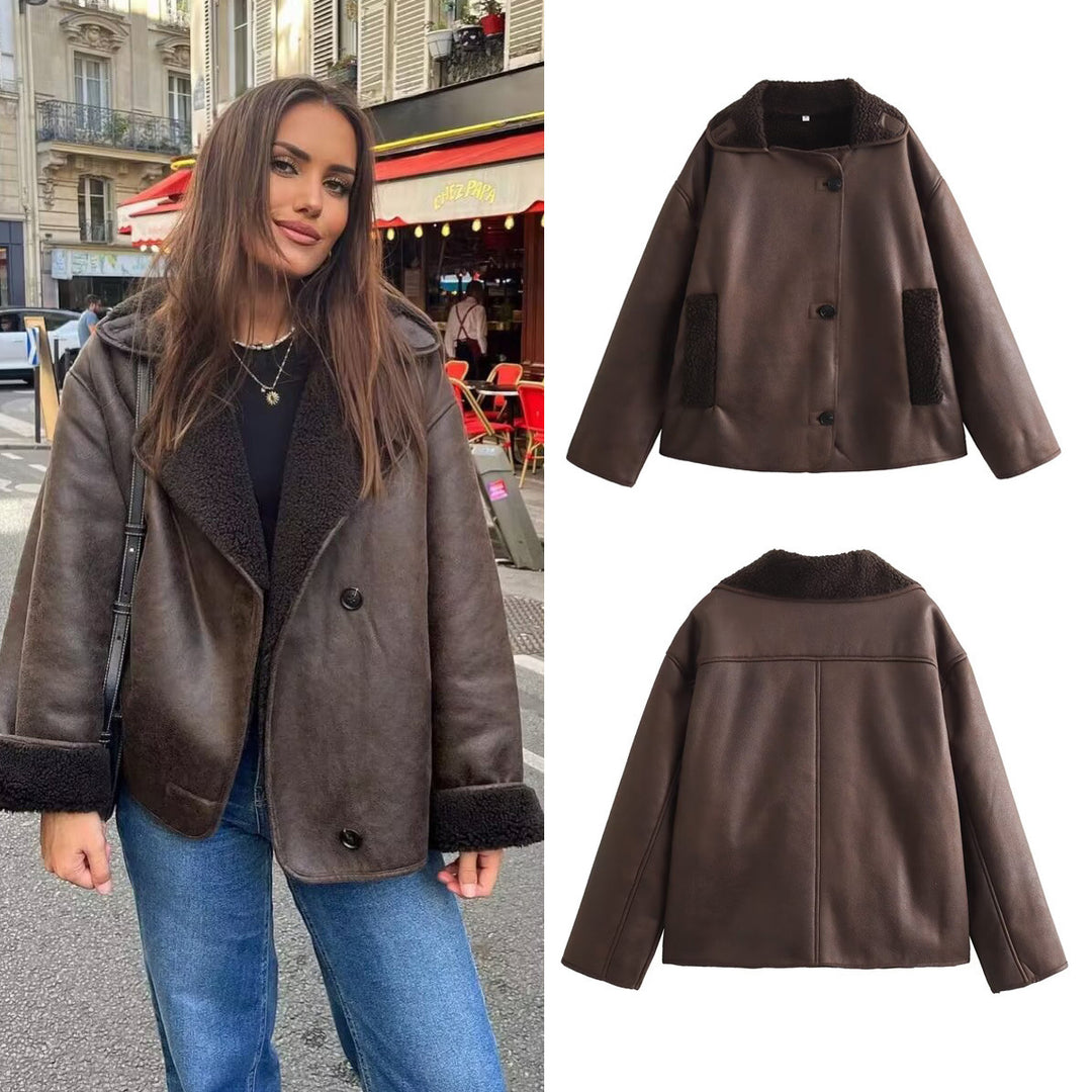 Damen nan Oversize Lammfellimitat Kunstlederjacke mit Sherpa-Kragen und Eingrifftaschen Shop Nory