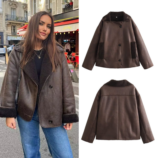 Damen nan Oversize Lammfellimitat Kunstlederjacke mit Sherpa-Kragen und Eingrifftaschen Shop Nory