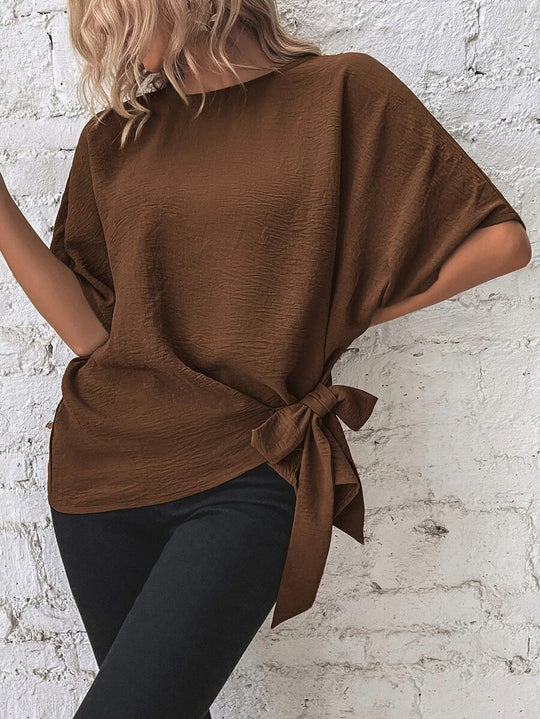 Damen Oversize Kurzarm-Top mit seitlicher Schleife und Crinkle-Struktur Shop Nory