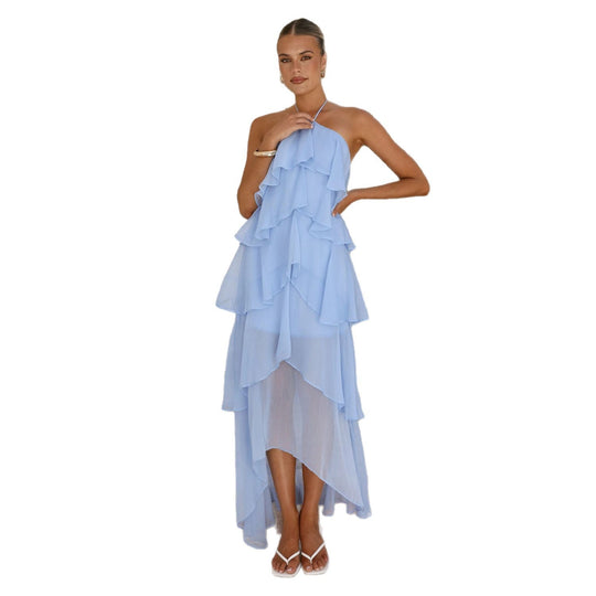 Damen Rüschen-Maxikleid mit asymmetrischem Design und elegantem Halteroberteil Shopnory