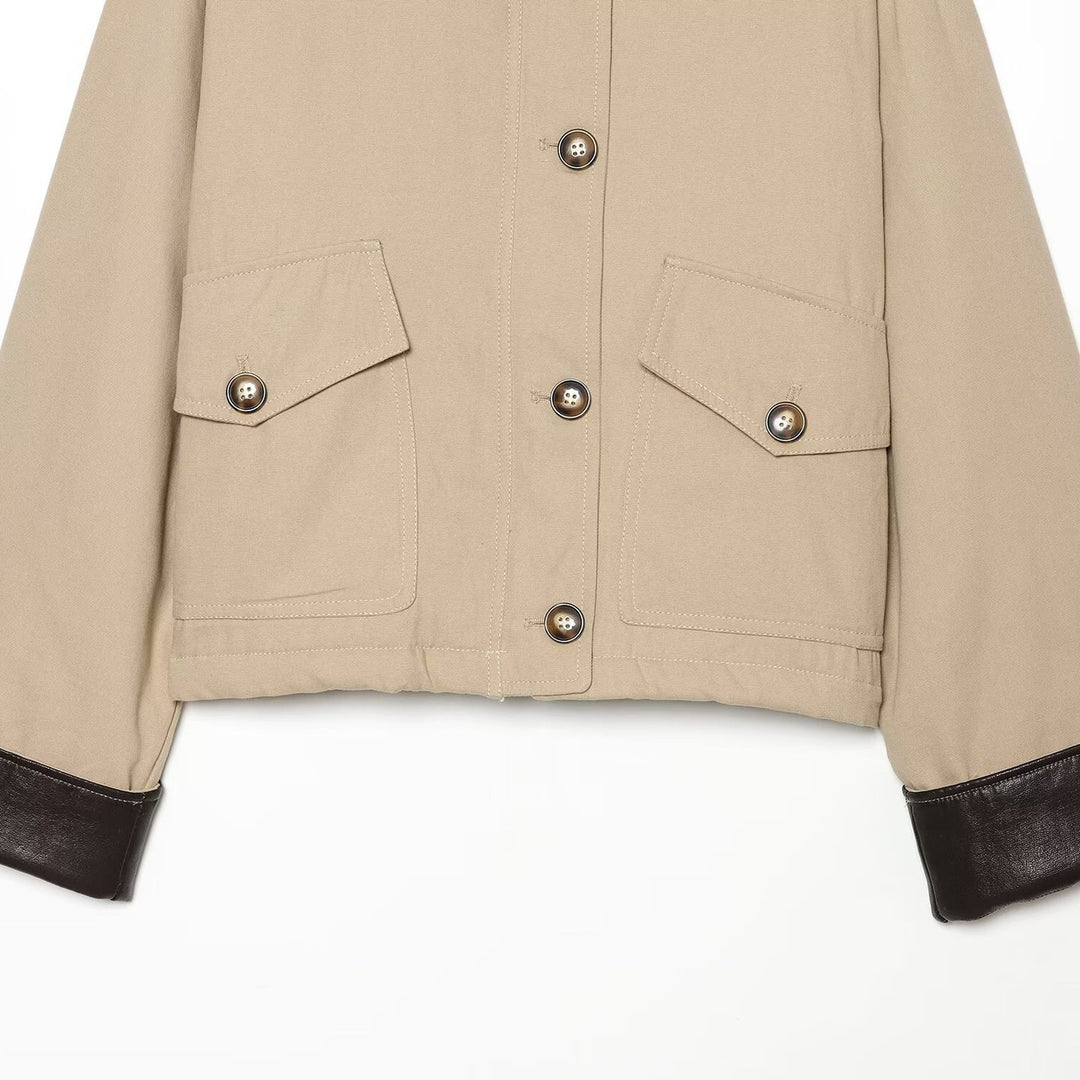Damen Kurzjacke mit kontrastiertem Lederkragen und Umschlagärmeln Shop Nory