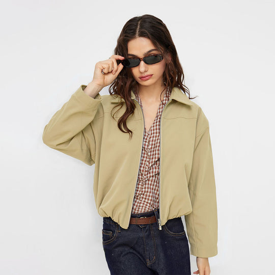 Damen kurze Oversize-Bomberjacke mit Reißverschluss, leichtem Kragen und elastischem Saum Shop Nory