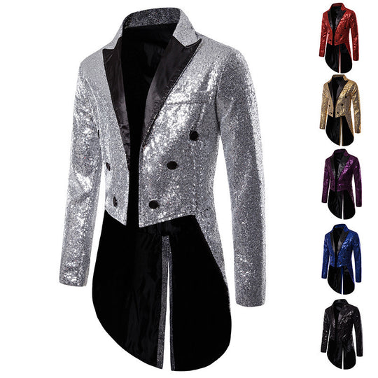 Herren geglitterter Frack mit spitzem Satinrevers, Doppelreiher und verlängertem Schwalbenschwanz Shop Nory