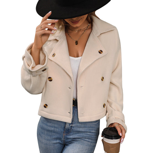 Damen Kurz geschnittene Doppelreihige Fleecejacke mit Reverskragen Shop Nory