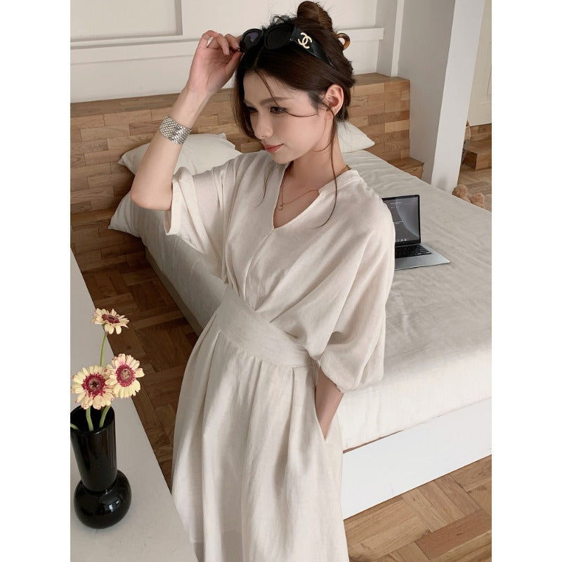Damen Leinenoptik Midikleid mit V-Ausschnitt dreiviertel Ärmeln und taillierter Taille Shop Nory