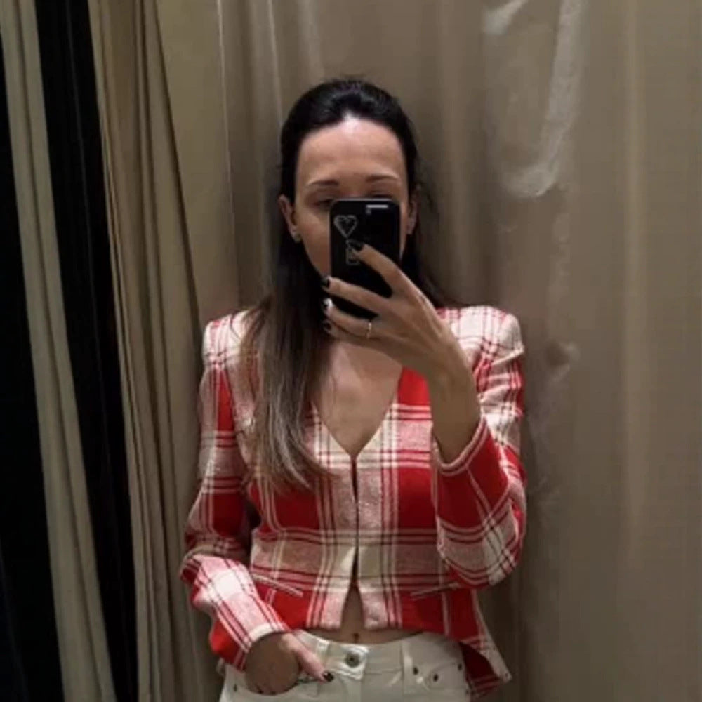 Damen Kurzgeschnittener taillierter Karo-Blazer mit tiefem V-Ausschnitt und Pattentaschen Shop Nory