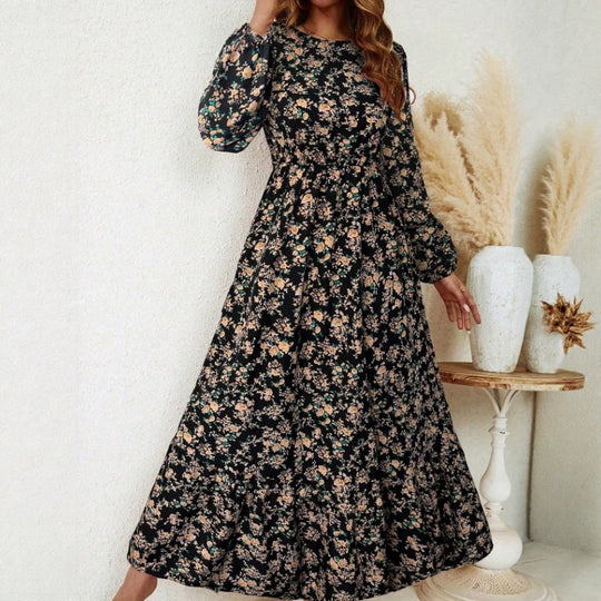 Damen Florales Midikleid mit elastischer Taillenpartie, langen Balloonärmeln und Volantstufe Shop Nory