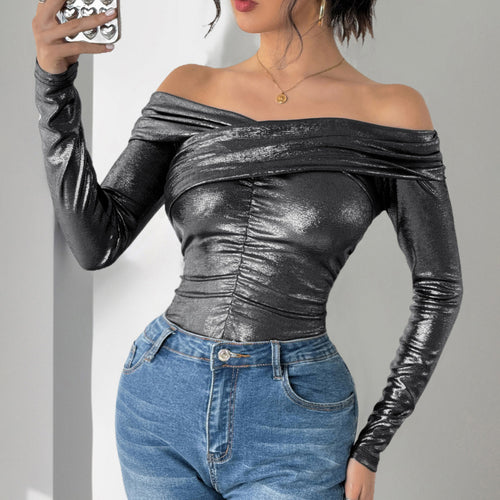 Damen Schulterfreies, glänzendes Metallic-Bodyshirt mit Mittelraffung & enganliegender Passform Shop Nory