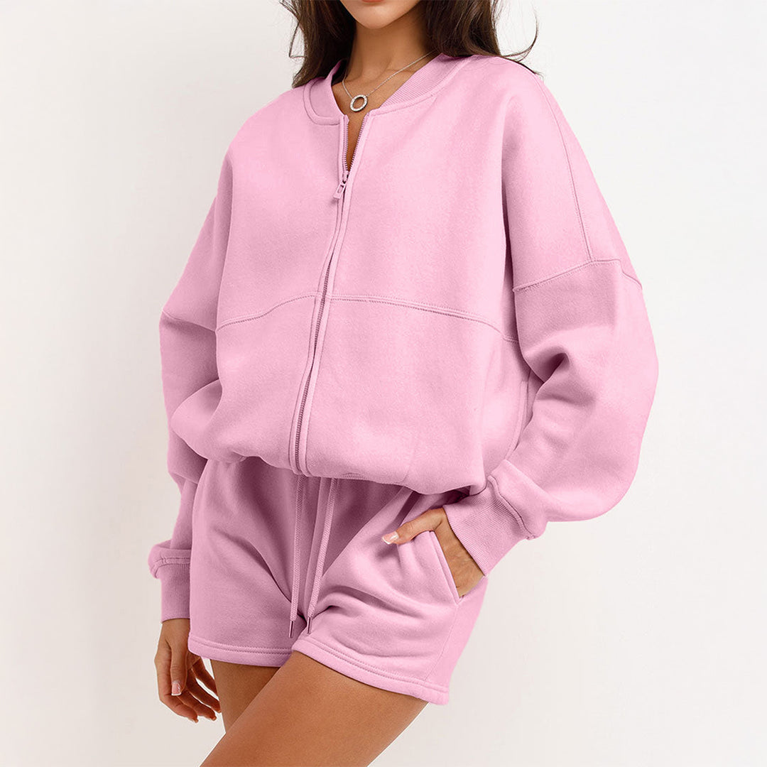 Damen nan zweiteiliges Sweat-Set mit oversized Reißverschluss-Jacke und elastischer Highwaist-Shorts Shop Nory
