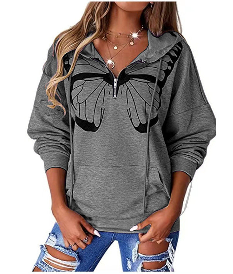 Damen Kapuzenpullover mit halbhohem Reißverschluss und Schmetterlingsprint Shop Nory