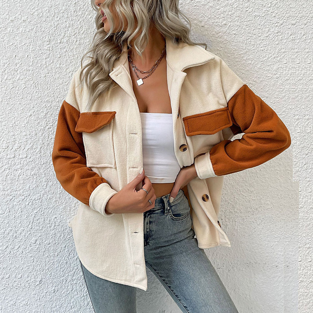 Damen Oversize-Hemdjacke mit Kontrastärmeln und aufgesetzten Brusttaschen Shop Nory