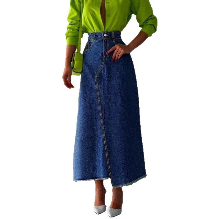 Damen Hochtaillierter Maxi-Denimrock mit asymmetrischer Vordernaht und fransigem Saum Shop Nory