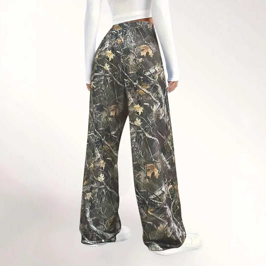 Damen Weite Palazzo-Loungehose im Camouflage-Blattmuster mit Elastikbund, Tunnelzug und Eingrifftaschen Shop Nory