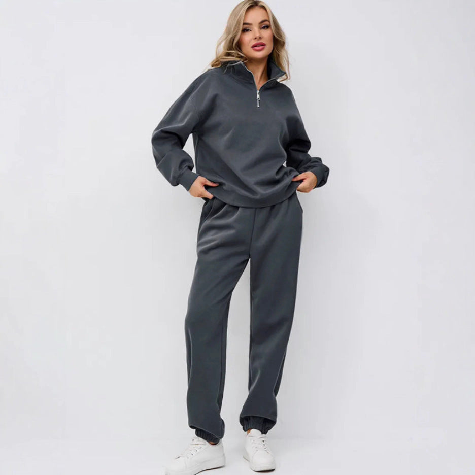 Damen Sweatset mit Halbreißverschluss, oversized Pullover und hochtaillierter weit geschnittener Jogginghose Shop Nory