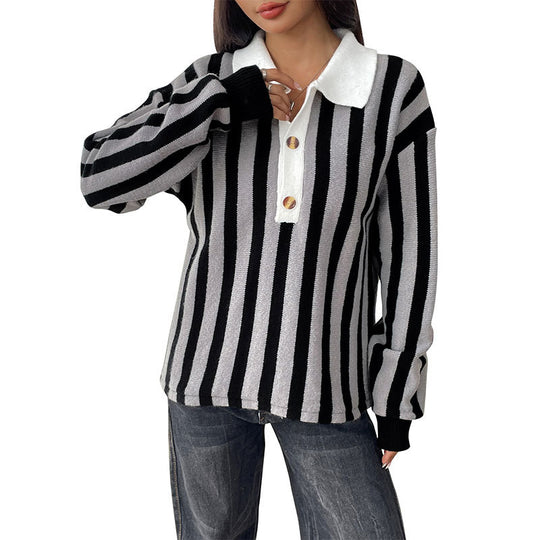 Damen Lässiger gestreifter Strick-Polokragenpullover mit kontrastierter Knopfleiste Shop Nory