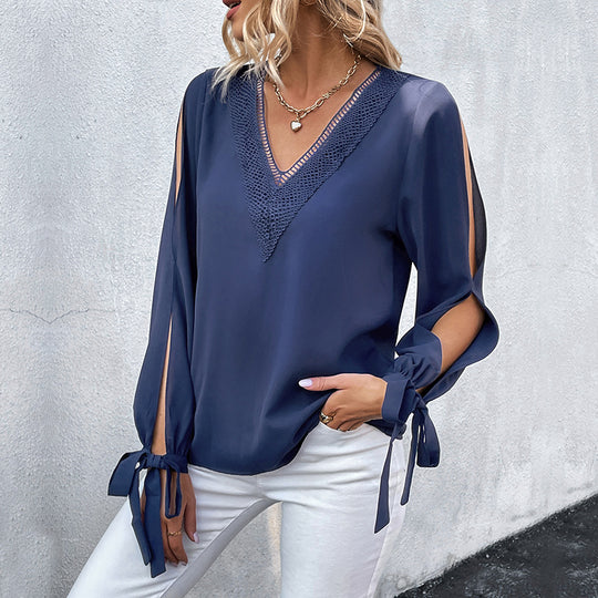 Damen Viskose‑Look Bluse mit V‑Ausschnitt, Spitzenbesatz und Cut‑Out‑Ärmeln Shop Nory