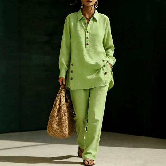 Damen Leichtes Oversize-Hemd-Tunika mit Zierknöpfen und Gerader Bundhose Shop Nory