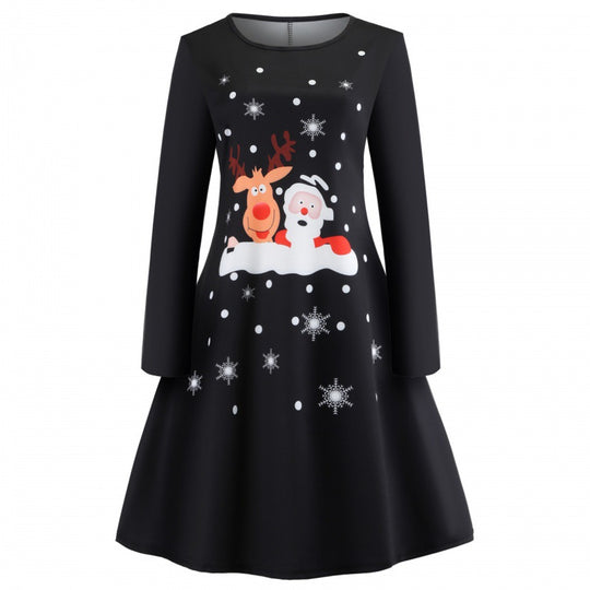 Damen Festliches A-Linien-Kleid mit Weihnachtsprint, Langarm und ausgestelltem Rock Shop Nory