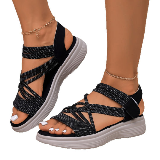 Damen Gepolsterte Plateau-Sandalen mit elastischen Flechtriemen und Klettverschluss Shop Nory