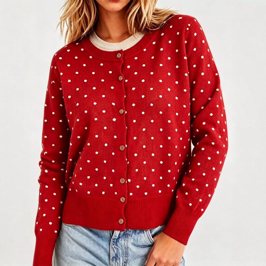 Damen Gepunktete Feinstrick-Cardigan mit Rundhals und Rippbündchen Shop Nory