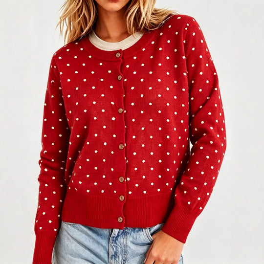 Damen Gepunktete Feinstrick-Cardigan mit Rundhals und Rippbündchen Shop Nory