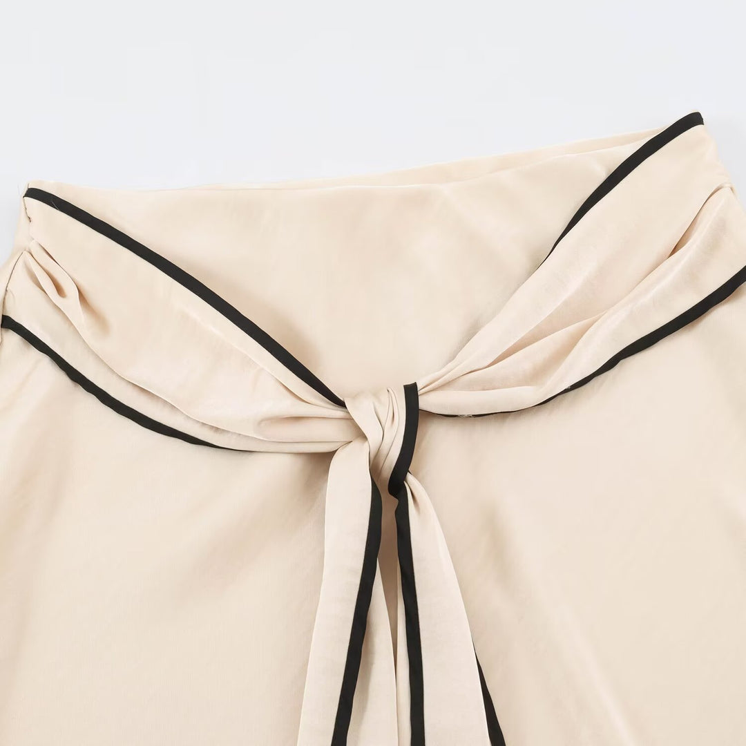 Damen Fließender Satin-Midirock mit Knotengürtel und Kontrastkante Shop Nory