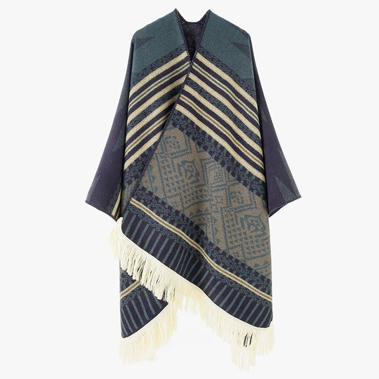 Damen Ethno-Jacquard Cape aus Wollmix mit asymmetrischem Saum, V-Ausschnitt und Fransen Shop Nory
