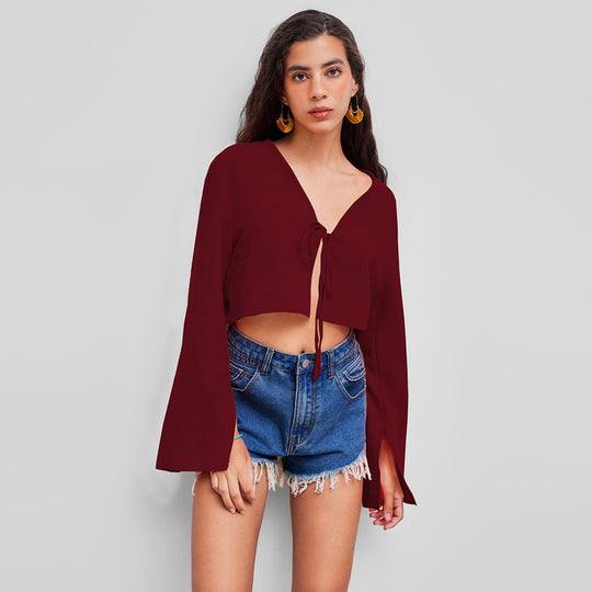 Damen kurzes Bindecrop-Top mit V-Ausschnitt, Knotenbindetail und Glockenärmeln Shop Nory