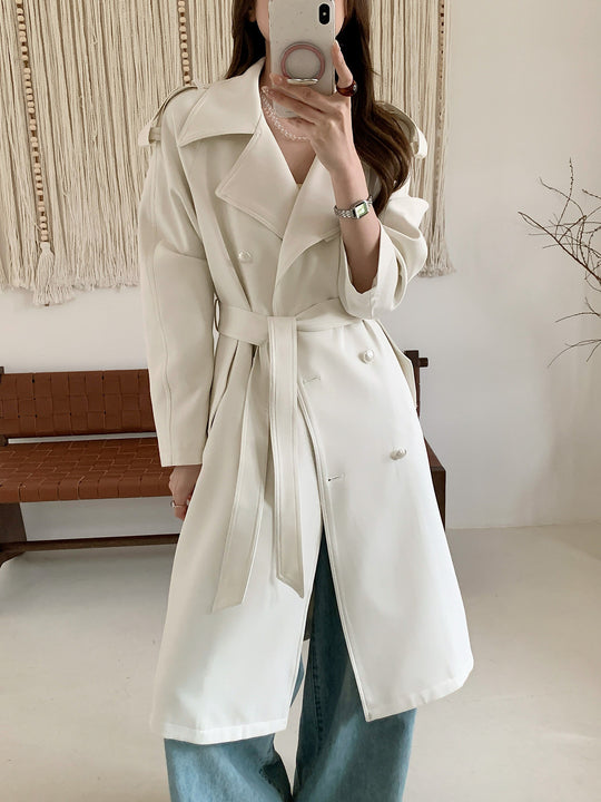Damen Midilanger Trenchcoat mit Oversize-Schultern und Perlmuttknöpfen Shop Nory