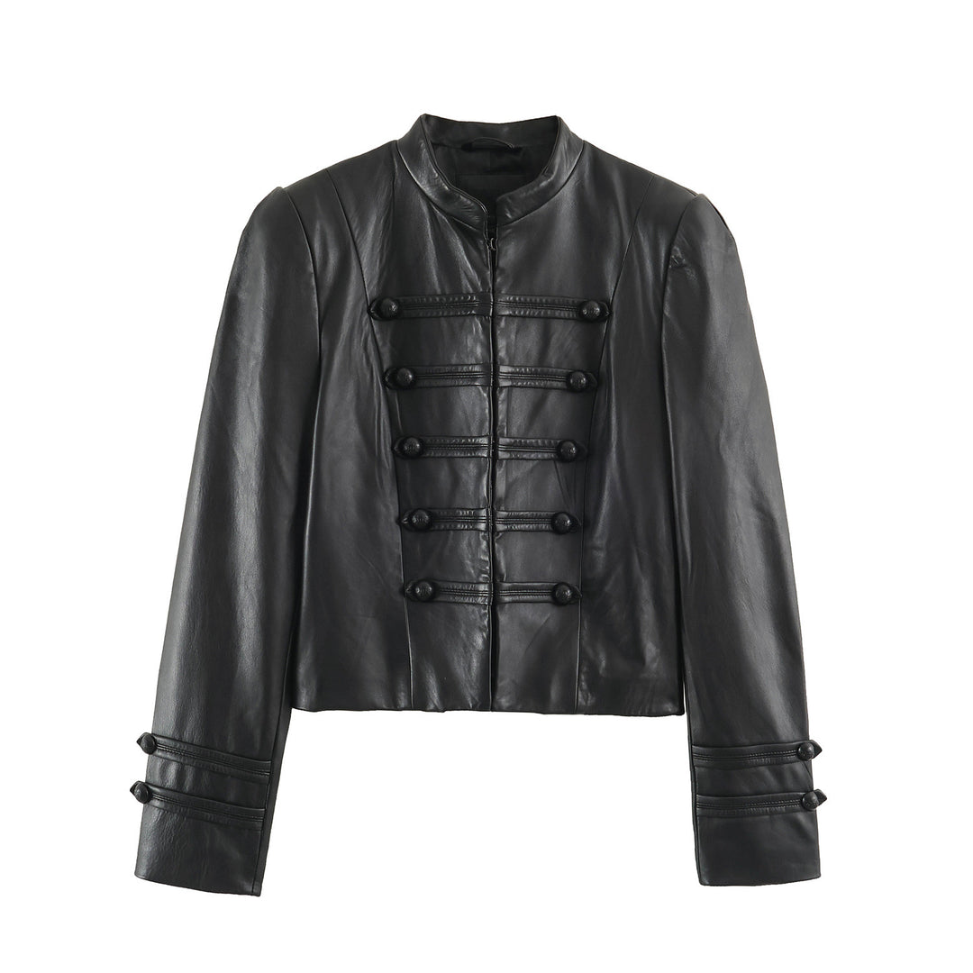 Damen Taillierte militärinspirierte Lederjacke mit Stehkragen, dekorativen Riegeln und Knopfleisten Shop Nory