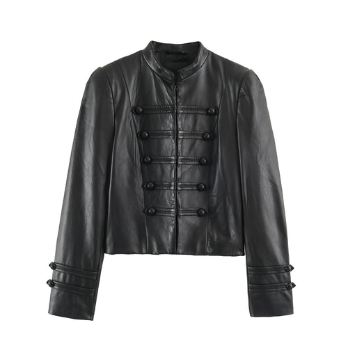 Damen Taillierte militärinspirierte Lederjacke mit Stehkragen, dekorativen Riegeln und Knopfleisten Shop Nory