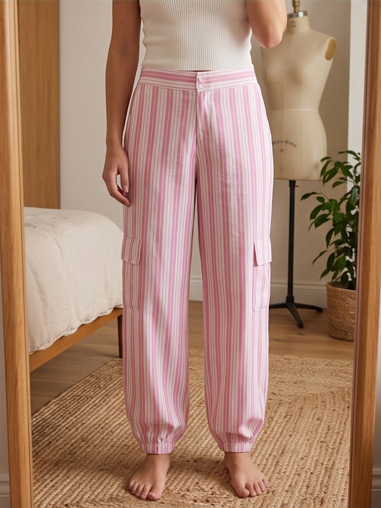 Damen Gestreifte Cargo-Loungehose mit hohem Bund, elastischem Knöchelabschluss und Pattentaschen Shop Nory