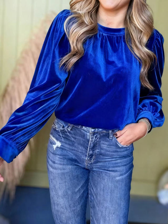 Damen Samtbluse mit Ballonärmeln und gerafftem Stehkragen Shop Nory