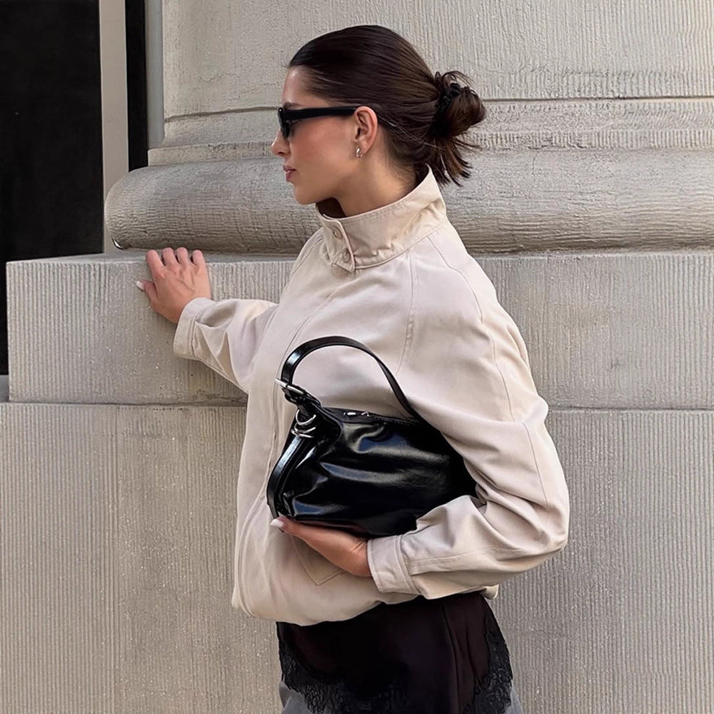 Damen Leichter taillierter Cropped-Bomber mit hohem Stehkragen und Raglanärmeln Shop Nory
