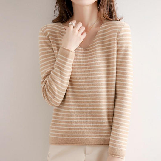 Damen Zarter Streifen-V‑Ausschnittpullover aus feinem Rippstrick mit weichem Fall Shop Nory