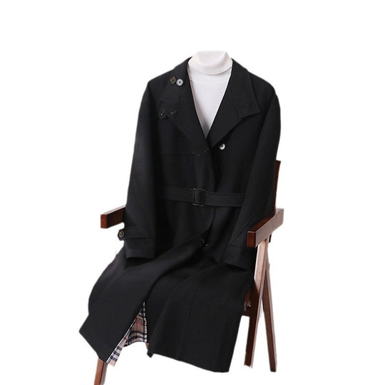 Herren Langgeschnittener Minimalistischer Trenchcoat mit Schalkragen und verstellbaren Ärmelriemen Shop Nory